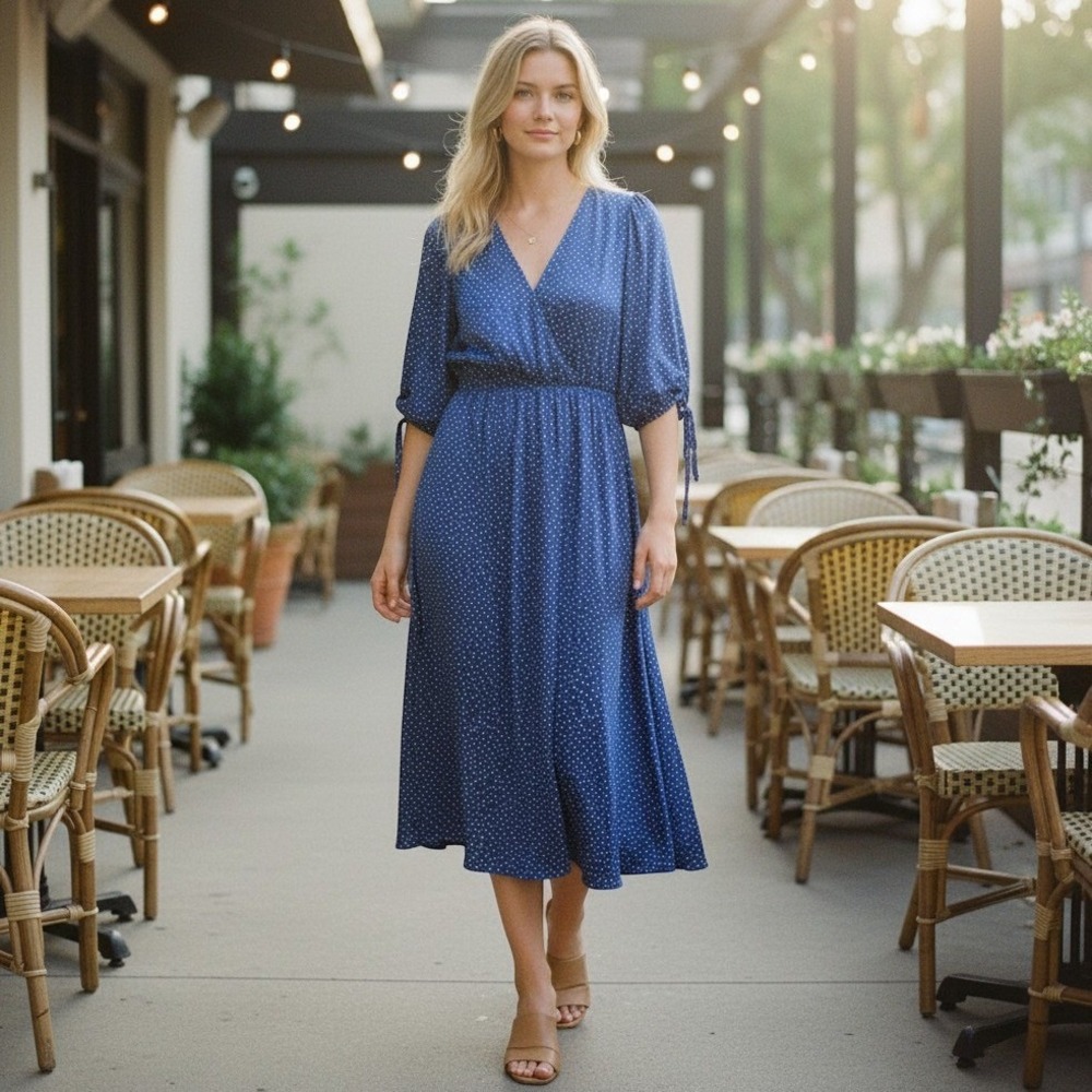 Taylor Woman Blue Polka Dot Faux Wrap Midi Dress Smocked Waist 16W